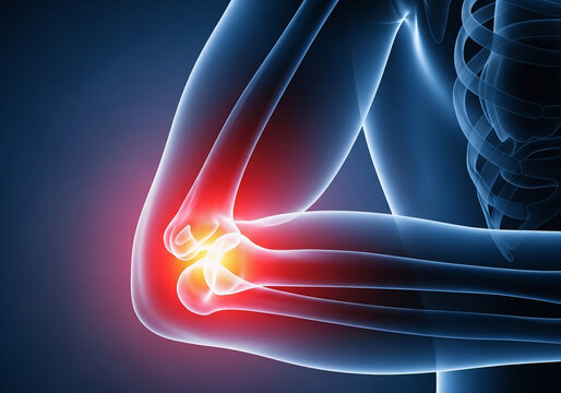 Anatomical illustration of a human elbow joint experiencing inflammation and pain, highlighted in red and yellow.