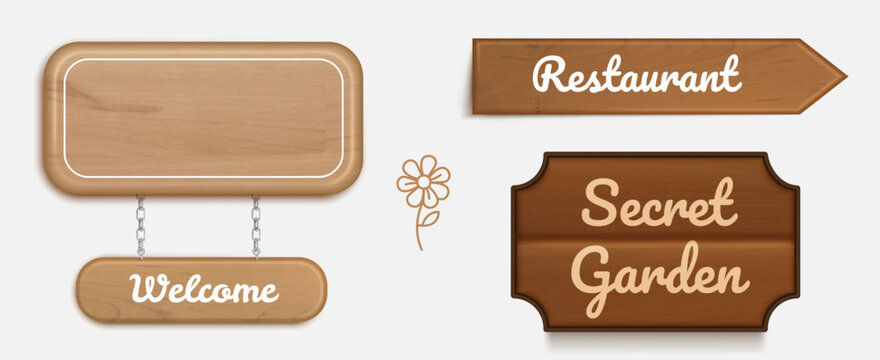 3d realistic wooden sign with chain and vintage texture, vector set isolated on background. Rustic wood plank board for farm, saloon, or restaurant menu design. Blank timber arrow frame