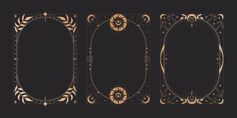 Magic black tarot cards set, celestial moon and sun icons. Vector realistic illustration of mystic vintage cards with golden floral border and star ornaments, esoteric symbols, astrology signs © klyaksun