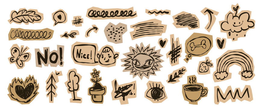 Pack of hand drawn kid doodle stickers isolated on white. Vector illustration of sketch icons on paper pieces, burning heart, love message, speech clouds, creative scribble designs for school banner