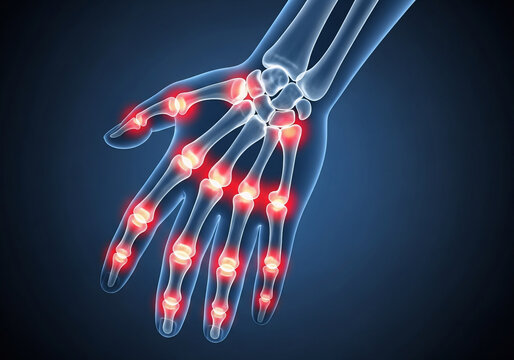 Anatomical illustration of a human hand showing inflamed joints, indicative of arthritis or joint pain, highlighted in red.