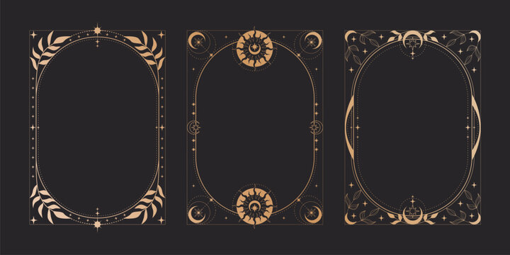 Magic black tarot cards set, celestial moon and sun icons. Vector realistic illustration of mystic vintage cards with golden floral border and star ornaments, esoteric symbols, astrology signs