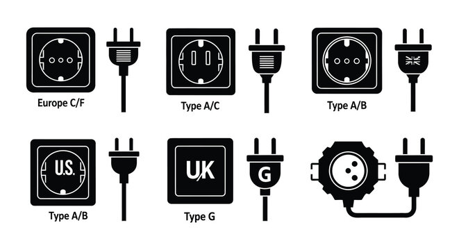 Various electrical outlet and plug types are illustrated in black and white