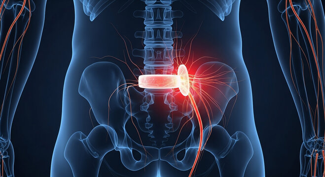3D rendering of a human torso showing a spinal cord stimulator implant with radiating pain or nerve stimulation.
