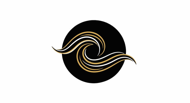 Black circle with abstract golden and white wavy lines swirling