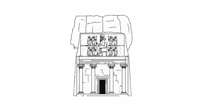 Ancient rock-cut tomb with regal figure enthroned above columned facade