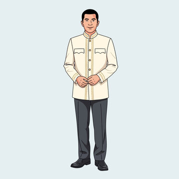 Filipino Man Wearing Barong Tagalog and Dark Trousers