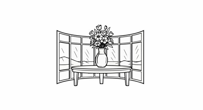 Bouquet of flowers in vase on table before curved window