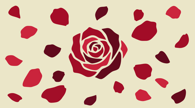 Vibrant Red Rose Bloom and Falling Petals Illustration.