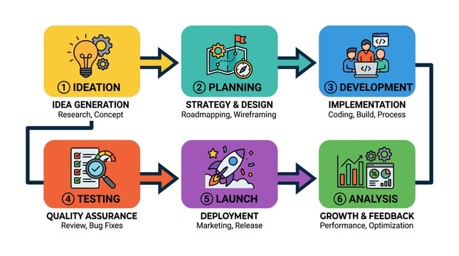 Business strategy process steps from ideation to analysis on white background