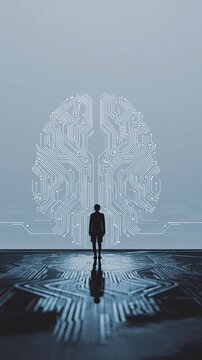 Vertical Silhouette of Person Facing Digital Circuitry Brain, Concept of Artificial Intelligence and Technology Advancement