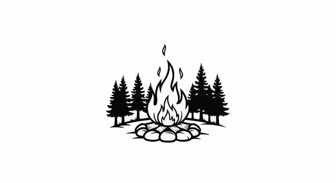Campfire burning bright surrounded by dark evergreen trees