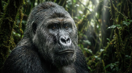 Fototapeta premium Majestic Silverback Gorilla Portrait in Misty Rainforest Jungle Setting
