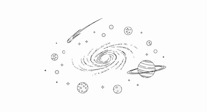 Cosmic scene with swirling galaxy, ringed planet, comet, and moons