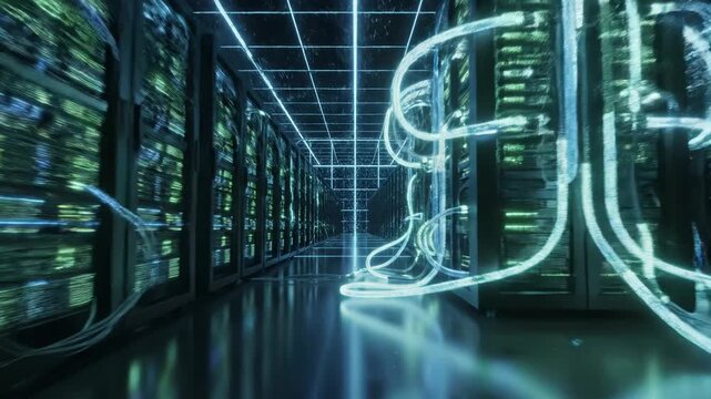 Modern server room with rows of computer racks and glowing fiber optic cables representing highspeed data transmission