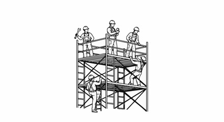 Obraz premium Construction workers on scaffolding, one ascends a ladder, others work