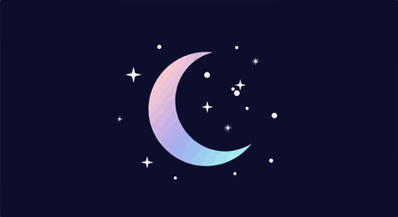 Naklejka premium Crescent moon with pastel gradient and twinkling stars scattered across a dark blue sky