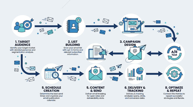 Email marketing strategy steps with icons on white background