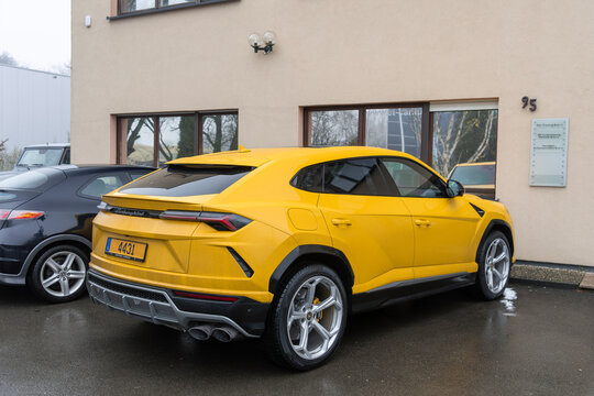 Luxembourg City, Luxembourg - January 26th 2019 : View on a yellow Lamborghini Urus finished in Giallo Auge parked on the street.