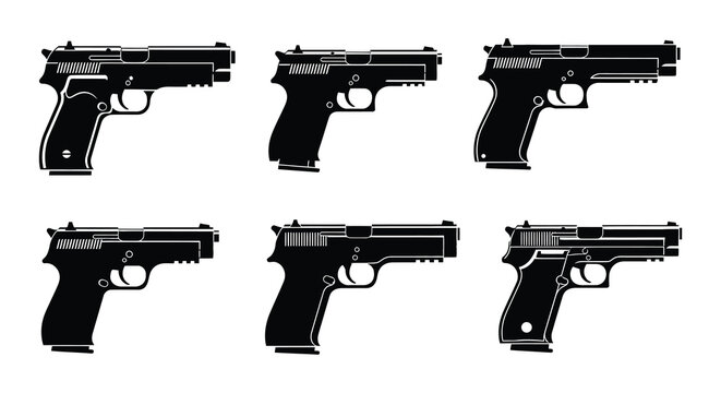 Six black silhouette pistols displayed in a grid arrangement