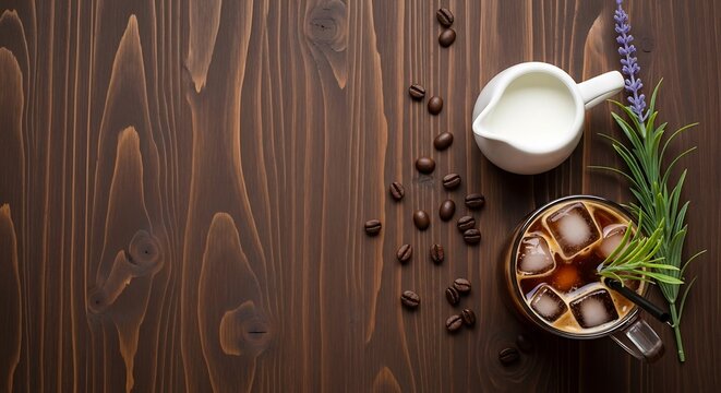 Aesthetic iced coffee composition on rustic wood texture creates calm and inviting atmosphere perfect for relax mood
