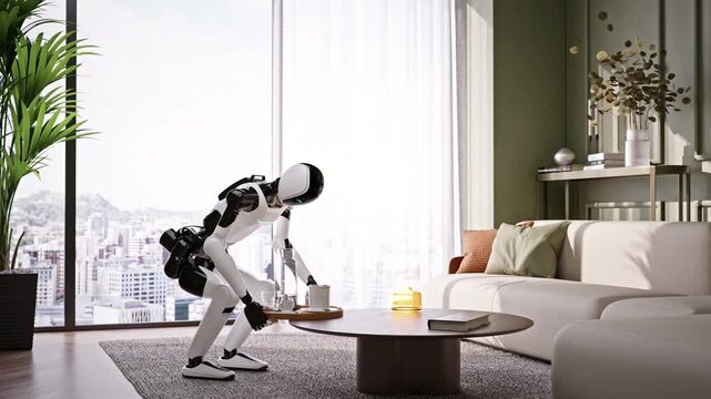 AI-powered humanoid robot cleans an apartment, picking up dirty dishes in a modern living room. Advanced household and housekeeping automation. Future smart home technology. 3d animation rendering