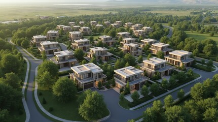 Obraz premium Aerial view of a modern residential community with luxury homes surrounded by lush greenery and winding roads.