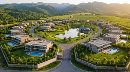 Fototapeta premium Aerial view of a luxury residential complex with modern villas, swimming pools, and a central lake surrounded by lush green hills and vineyards.
