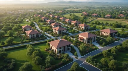 Fototapeta premium Aerial view of a modern residential neighborhood with uniform houses, lush green lawns, and winding roads under a soft morning light.