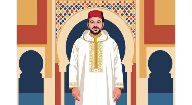Moroccan King Mohammed VI in traditional Djellaba and Fez hat, standing before ornate Moroccan architecture.