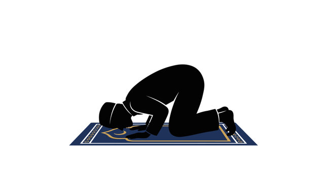 Man in prostration position on a prayer mat on white background