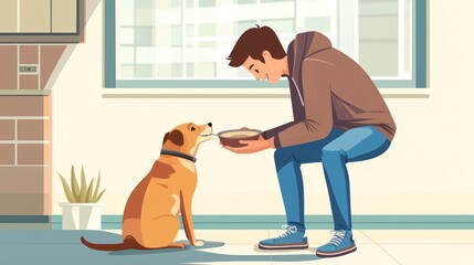 Fototapeta premium Man feeding dog food indoors cartoon illustration domestic animal concept