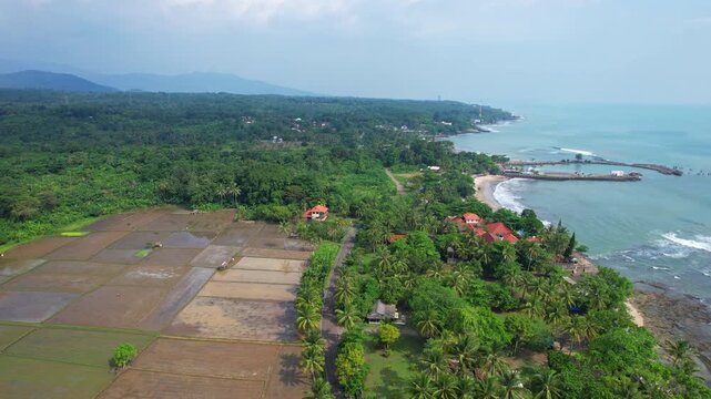 Aerial drone footage of the western coastline of Java island, in Cinangka area, Serang regency, Banten, Indonesia, with blue waters, a jetty with Jambu beach, rice fields and forests, nearby Anyer