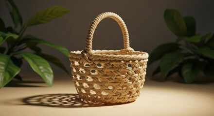 Fototapeta premium Small Wicker Basket with Handle and Decorative Openwork Pattern