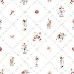 Circus harlequin diamond pattern with animals, tent and decorative elements seamless pattern, watercolor illustration. Perfect for kids textiles, packaging, nursery decor, and playful branding © Eva Gentle