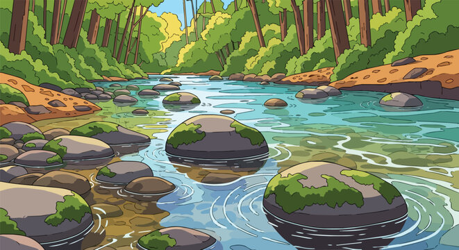 Cartoon Illustration of a Peaceful Forest Stream with Mossy Stones