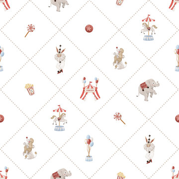 Circus harlequin diamond pattern with animals, tent and decorative elements seamless pattern, watercolor illustration. Perfect for kids textiles, packaging, nursery decor, and playful branding