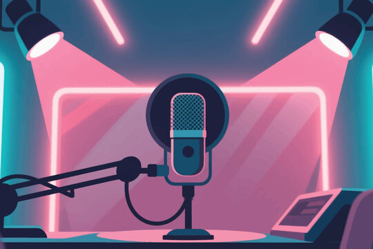 Podcast studio with microphone, pop filter, neon lights, and mixing console, stylized vector illustration.
