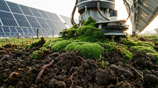 Earthworm Emerging From Rich Soil Near Solar Panels A Symbiotic Ecosystem
