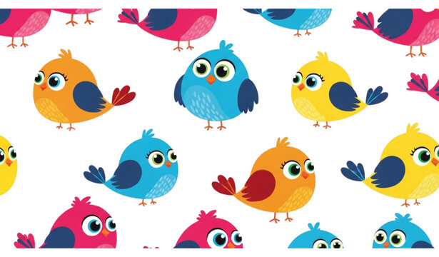 Seamless pattern of colorful cartoon birds with big eyes for postcards banners and decorative design