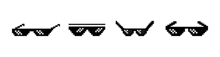 Fototapeta premium Pixelated shades icon set. 8-bit style, black gangster glasses for gaming and meme graphics