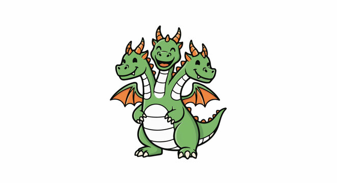 Cartoon three-headed green dragon with orange wings