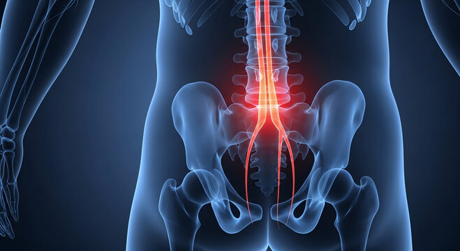 3D rendering of human anatomy showing the spine and pelvis with a highlighted painful lumbar region.