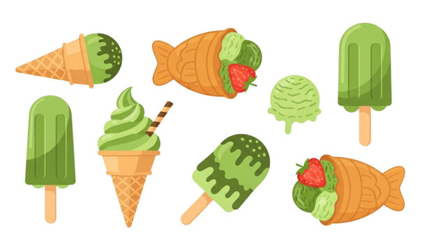 Colorful matcha ice cream illustration with taiyaki waffle cone and popsicle for cafe menu and food design