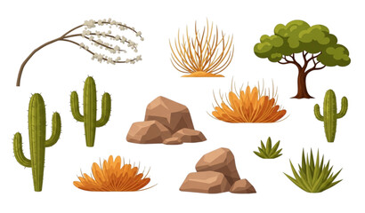 Colorful cartoon desert illustration set with tumbleweed cactus rocks and plants for nature design © MstRuna