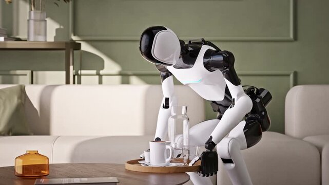 AI-powered humanoid robot cleans an apartment, picking up dirty dishes in a modern living room. Advanced household and housekeeping automation. Future smart home technology. 3d animation rendering