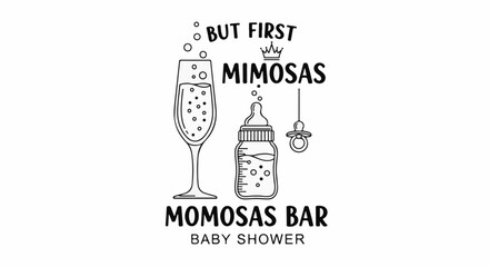 Obraz premium Champagne glass, baby bottle, pacifier graphic with text for a baby shower