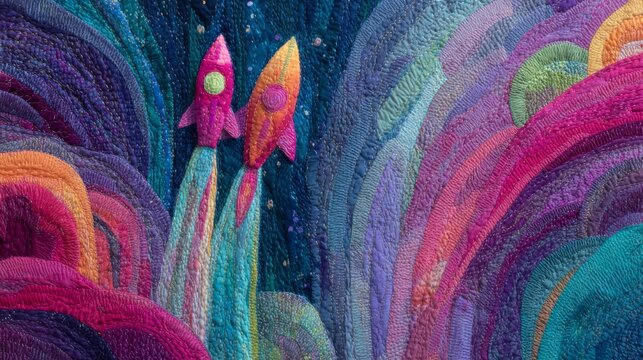 Vibrant fiber art quilt depicting two colorful rockets launching into a cosmic sky. The piece features heavily textured, wavy fabric layers in a rainbow of purples, pinks, and blues.