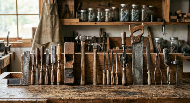 A collection of vintage hand tools arranged on a wooden workbench in a workshop