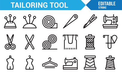 Fototapeta premium Tailor equipment symbols set with needle thread scissors mannequin and iron